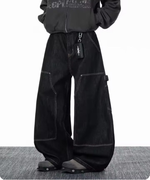 Vini(ヴィニ)の「ワイドルーズワークデザインデニムパンツ(デニムパンツ・レディース・ブラック・MEDIUM)」の1枚目の写真