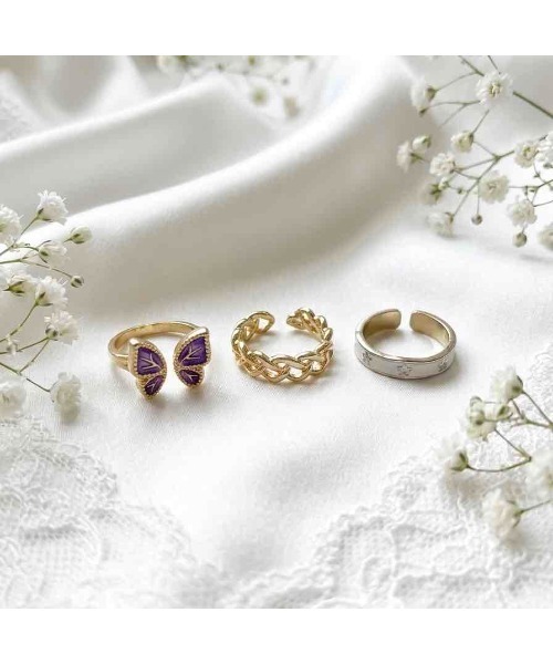 tone(トーン)の「【88eighty-eight】パープルバタフライレトロアンティークCUTEリング3点セット【import】(MA)(リング・レディース・ゴールド・FREE)」の3枚目の写真
