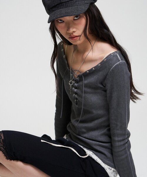 WHO'S WHO gallery(フーズフーギャラリー)の「【WEB限定】プロセストレースアップトップス(Tシャツ/カットソー・レディース・ミント/アイボリー/ブラウン/ブラック・FREE)」の3枚目の写真