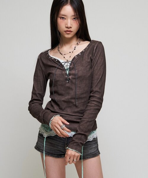 WHO'S WHO gallery(フーズフーギャラリー)の「【WEB限定】プロセストレースアップトップス(Tシャツ/カットソー・レディース・ミント/アイボリー/ブラウン/ブラック・FREE)」の17枚目の写真