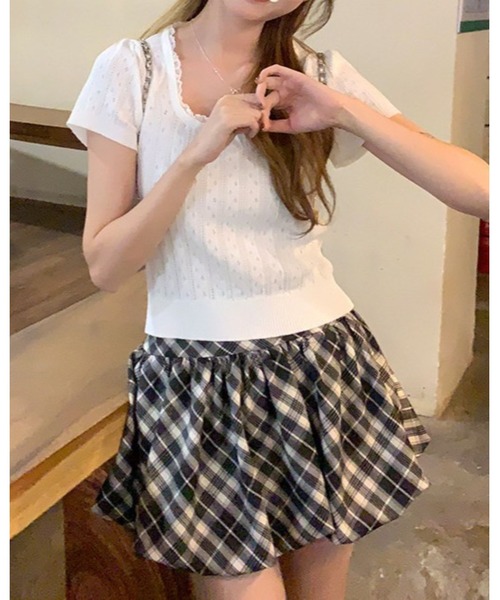 CHEER（チアー）の「スクエアネック 透かし編み サマーニットトップス 半袖 ミニリボン付き リブニット フレンチガーリー 韓国カジュアル（Tシャツ/カットソー・レディース・グレー/ホワイト・FREE）」の9枚目の写真