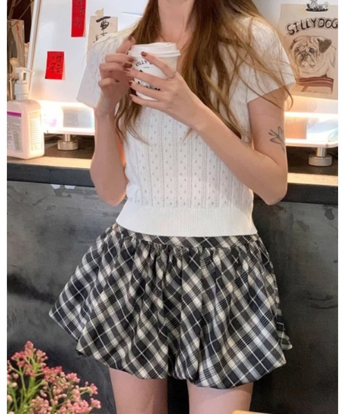 CHEER（チアー）の「スクエアネック 透かし編み サマーニットトップス 半袖 ミニリボン付き リブニット フレンチガーリー 韓国カジュアル（Tシャツ/カットソー・レディース・グレー/ホワイト・FREE）」の14枚目の写真