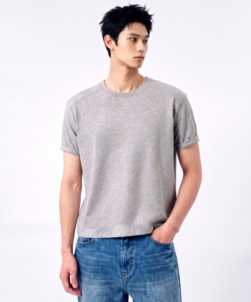 UNDEROFF（アンダーオフ）の「マッスルフィットクロップ切り替え半袖Tシャツメランジ（Tシャツ/カットソー・メンズ・ヘザーグレー・MEDIUM/LARGE/X-LARGE）」の4枚目の写真