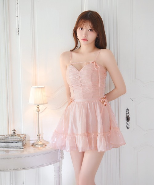 DAZZY(デイジー)の「シフォンビジューカットアウトAラインセットアップミニ丈キャバドレス(ドレス・レディース・ブラック系/ピンク・S/XS/M)」の1枚目の写真