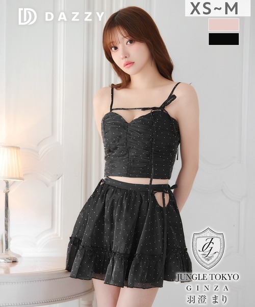 DAZZY(デイジー)の「シフォンビジューカットアウトAラインセットアップミニ丈キャバドレス(ドレス・レディース・ブラック系/ピンク・S/XS/M)」の4枚目の写真