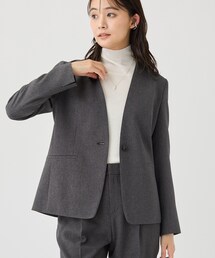 【洗える/通勤/スーツ】メランジストレッチ ノーカラージャケット