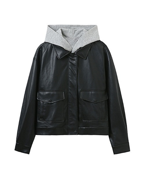 LUCPY(ラクピー)の「フード付きオーバーサイズフェイクレザージャケット(その他トップス・レディース・ブラック・XX-LARGE/X-LARGE/LARGE/MEDIUM)」の5枚目の写真