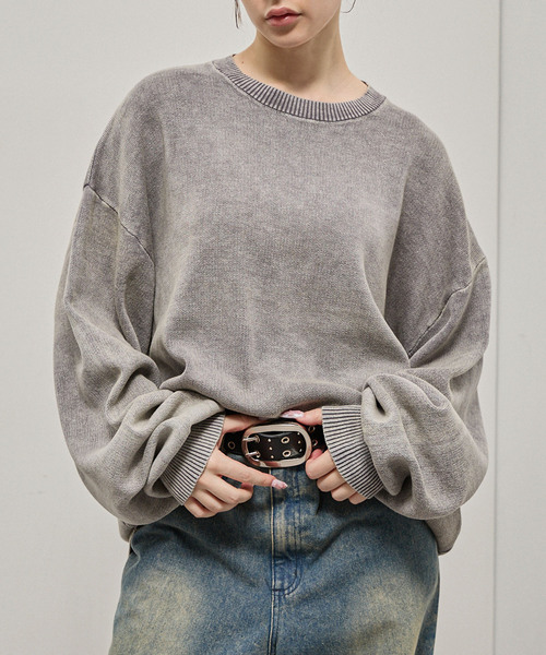 Alfred Alex(アルフレッドアレックス)の「【Alfred Alex】Sweat-Like Vintage Washed Knit / ヴィンテージ加工 スノーウォッシュ スウェットライクニット(ニット/セーター・メンズ・ブラック/ダークネイビー/グレー/プラム・M/L)」の2枚目の写真
