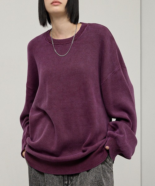 Alfred Alex(アルフレッドアレックス)の「【Alfred Alex】Sweat-Like Vintage Washed Knit / ヴィンテージ加工 スノーウォッシュ スウェットライクニット(ニット/セーター・メンズ・ブラック/ダークネイビー/グレー/プラム・M/L)」の4枚目の写真