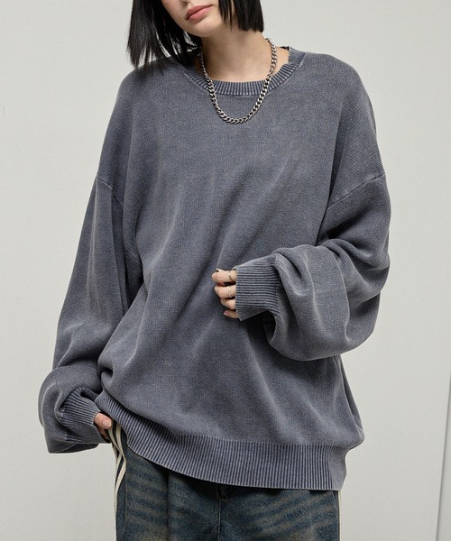 Alfred Alex(アルフレッドアレックス)の「【Alfred Alex】Sweat-Like Vintage Washed Knit / ヴィンテージ加工 スノーウォッシュ スウェットライクニット(ニット/セーター・メンズ・ブラック/ダークネイビー/グレー/プラム・M/L)」の3枚目の写真
