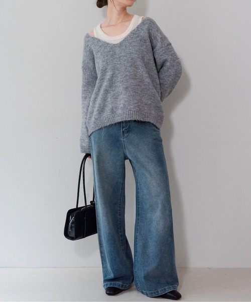 on:nue（オンニュ）の「【on:nue】[2点セット] Vネックレイヤード起毛ニット /26-27 AW COLLECTION（ニット/セーター・レディース・ベージュ/アイボリー/グレー・FREE）」の7枚目の写真