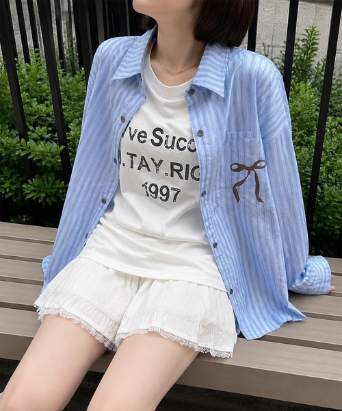HOOK(フック)の「HOOK for girls リボンプリントストライプオーバーシャツ(シャツ/ブラウス・レディース・ブルー・S)」の15枚目の写真