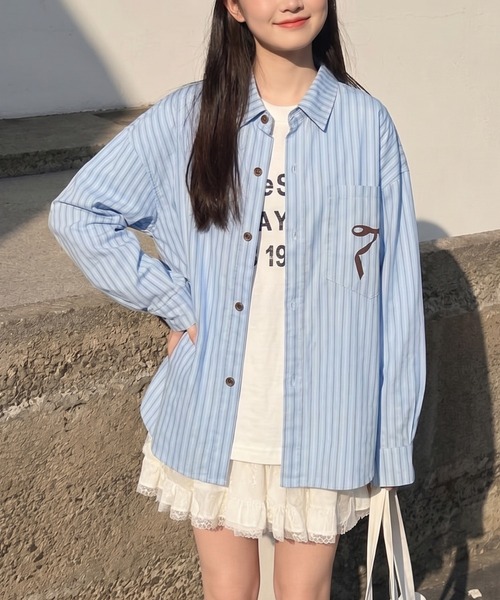 HOOK(フック)の「HOOK for girls リボンプリントストライプオーバーシャツ(シャツ/ブラウス・レディース・ブルー・S)」の10枚目の写真