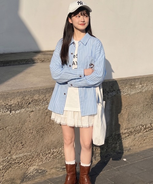 HOOK(フック)の「HOOK for girls リボンプリントストライプオーバーシャツ(シャツ/ブラウス・レディース・ブルー・S)」の8枚目の写真