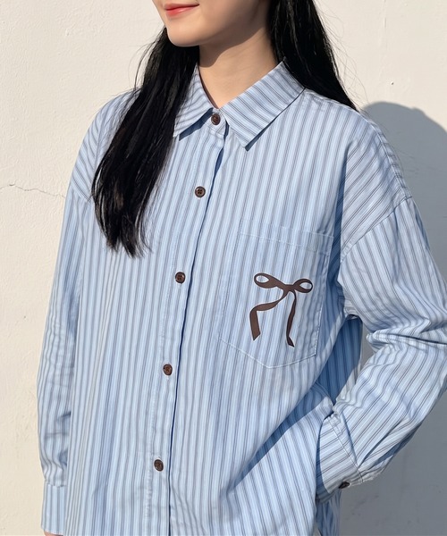 HOOK(フック)の「HOOK for girls リボンプリントストライプオーバーシャツ(シャツ/ブラウス・レディース・ブルー・S)」の16枚目の写真