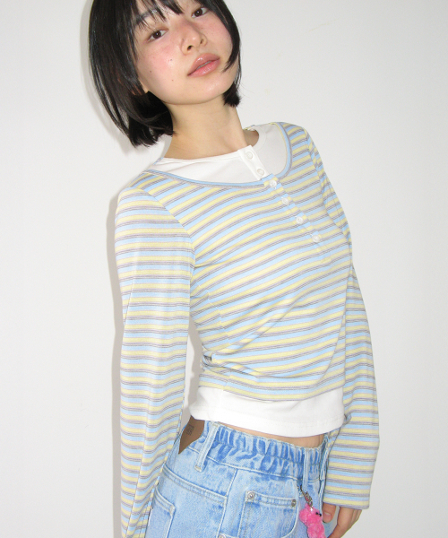 RONRON(ロンロン)の「LAYERED HENRYNECK LONG SLEEVE BLUE STRIPE(Tシャツ/カットソー・レディース・その他・FREE)」の1枚目の写真