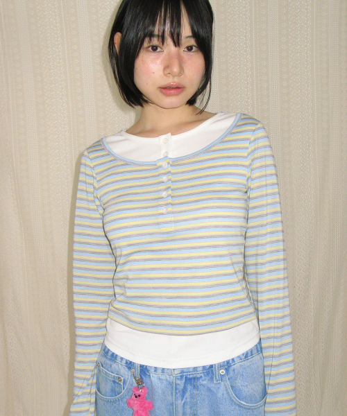 RONRON(ロンロン)の「LAYERED HENRYNECK LONG SLEEVE BLUE STRIPE(Tシャツ/カットソー・レディース・その他・FREE)」の3枚目の写真