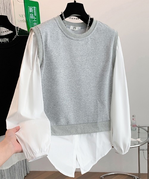 LUCPY(ラクピー)の「異素材ドッキングレイヤードプルオーバー(その他トップス・レディース・グレー/ブラック・XX-LARGE/X-LARGE/LARGE/MEDIUM)」の2枚目の写真