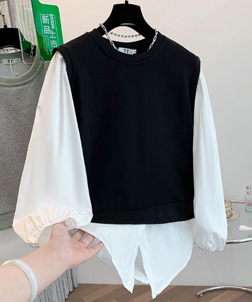 LUCPY(ラクピー)の「異素材ドッキングレイヤードプルオーバー(その他トップス・レディース・グレー/ブラック・XX-LARGE/X-LARGE/LARGE/MEDIUM)」の3枚目の写真