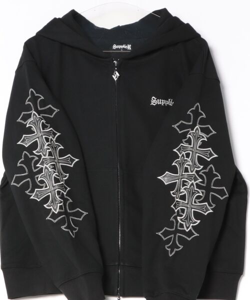 SUPPLIER(サプライヤー)の「SUPPLIER-Multiple Cross Leather Patch Zip Hoodie(パーカー・メンズ・ブラック・FREE)」の11枚目の写真