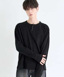 ヘンリーネックロングスリーブTシャツ カットソー ヴィンテージ加工/無地