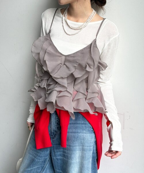 DouDou(ドゥドゥ)の「【WEB限定】前後2WAYフリルビスチェ(シャツ/ブラウス・レディース・ブラック/ベージュ・FREE)」の1枚目の写真