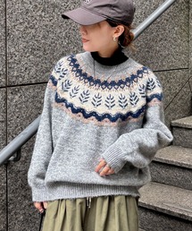 【ISOOK / アイスー】ノルディック柄オーバーニット / 求心柄 配色 クルーネック ラグランスリーブ