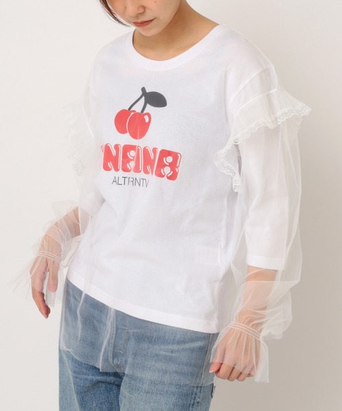 RNA(アールエヌエー)の「M0853 チェリープリントチュールコンビTシャツ(Tシャツ/カットソー・レディース・ホワイト/ピンク/ブラック・MEDIUM)」の1枚目の写真