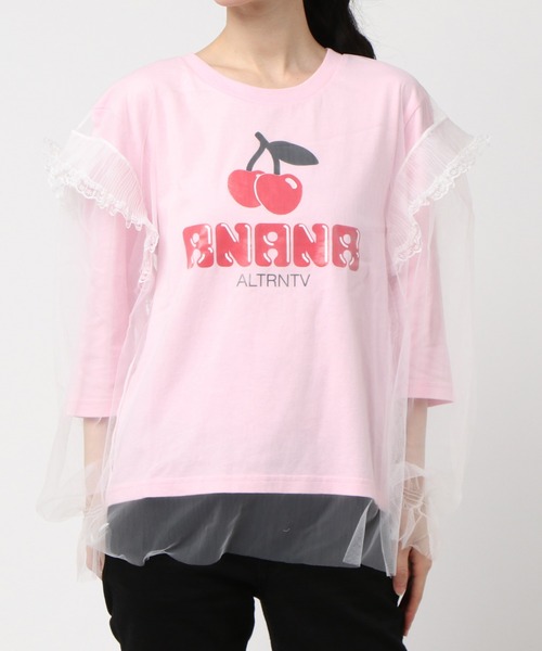 RNA(アールエヌエー)の「M0853 チェリープリントチュールコンビTシャツ(Tシャツ/カットソー・レディース・ホワイト/ピンク/ブラック・MEDIUM)」の3枚目の写真