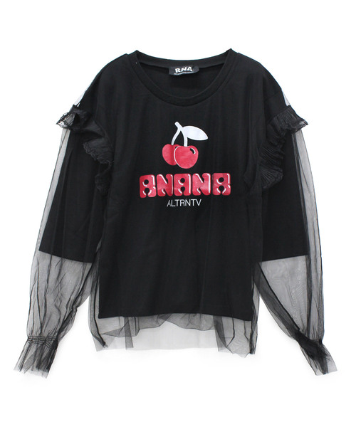 RNA(アールエヌエー)の「M0853 チェリープリントチュールコンビTシャツ(Tシャツ/カットソー・レディース・ホワイト/ピンク/ブラック・MEDIUM)」の2枚目の写真
