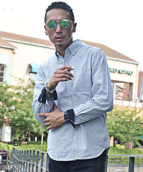 JOKER（ジョーカー）の「長袖シャツ メンズ トップス シャツ  長袖　オックスフォード カッターシャツ　　コットン ボタン チェック柄 ストライプ（シャツ/ブラウス・メンズ・サックスブルー/ワイン/グレー/ピンク/ブルー系その他/ブラック/ブラック系その他2/ネイビー/ブルー系その他2/ブラック系その他/ホワイト・L/LL/M）」の9枚目の写真