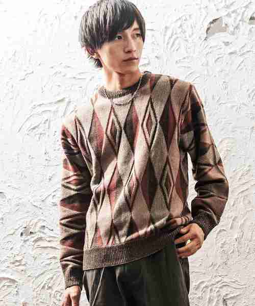 MinoriTY（マイノリティ）の「レトロダイヤ柄クルーニット（ニット/セーター・メンズ・杢グレー/ブラウン/グリーン/ネイビー・M/L）」の3枚目の写真