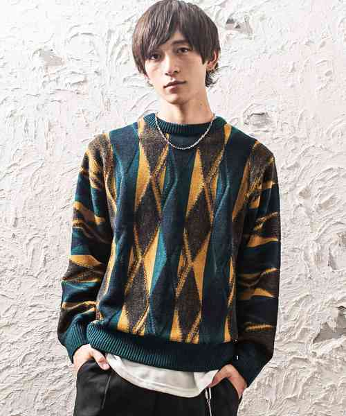 MinoriTY（マイノリティ）の「レトロダイヤ柄クルーニット（ニット/セーター・メンズ・杢グレー/ブラウン/グリーン/ネイビー・M/L）」の2枚目の写真