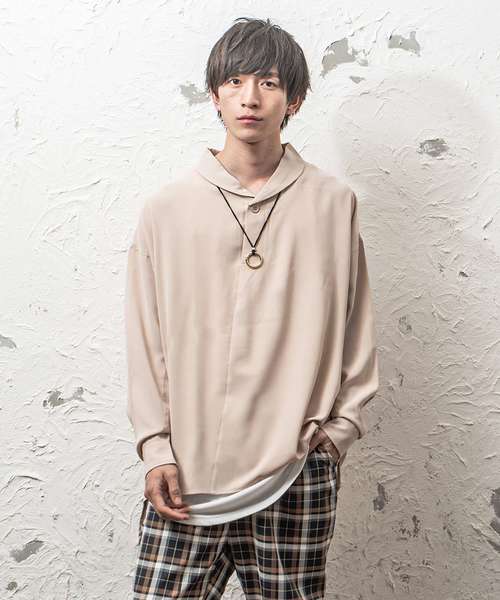 MinoriTY（マイノリティ）の「ショールカラープルオーバーシャツ ビッグシルエット（シャツ/ブラウス・メンズ・ネイビー/グレー/ベージュ・M/L）」の3枚目の写真