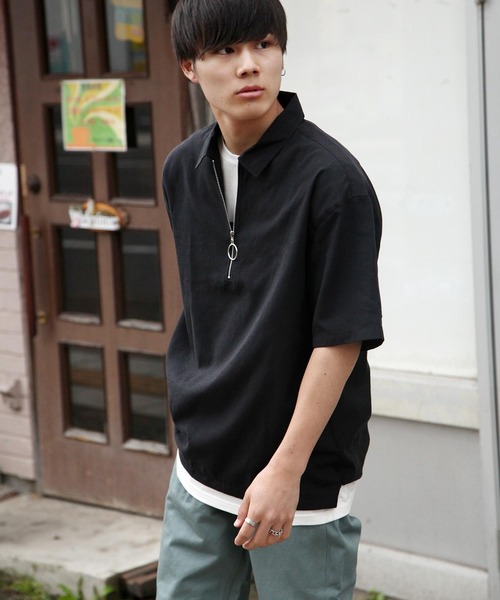 ZIP FIVE(ジップファイブ)の「【ZIP FIVE】【クールドライタッチ素材】 リネンハーフジップ半袖シャツ(Tシャツ/カットソー・メンズ・ホワイト/ブラック/ベージュ/ネイビー/カーキ/サックスブルー/ブラック系その他/ベージュ系その他/ブルー系その他/ブルー系その他2・MEDIUM/LARGE/X-LARGE)」の3枚目の写真