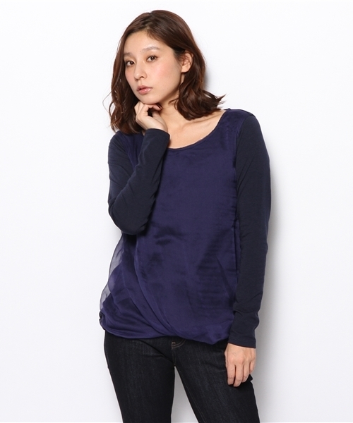 PLST(プラステ)の「アシンメトリードレープシフォンレイヤードカットソー(Tシャツ/カットソー・レディース・ヘザーグレー/ネイビー/サーモンピンク・2)」の1枚目の写真