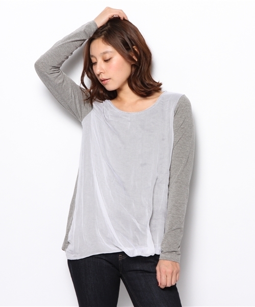 PLST(プラステ)の「アシンメトリードレープシフォンレイヤードカットソー(Tシャツ/カットソー・レディース・ヘザーグレー/ネイビー/サーモンピンク・2)」の2枚目の写真
