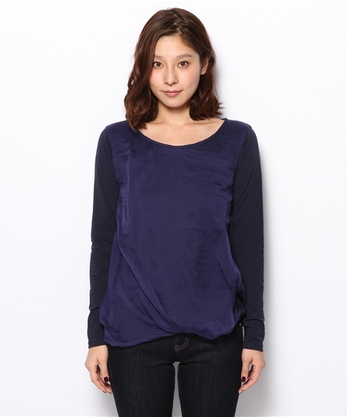PLST(プラステ)の「アシンメトリードレープシフォンレイヤードカットソー(Tシャツ/カットソー・レディース・ヘザーグレー/ネイビー/サーモンピンク・2)」の4枚目の写真