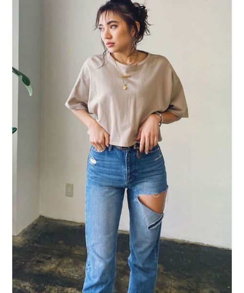 EVRIS（エヴリス）の「カットアウトデニムパンツ（デニムパンツ・レディース・ライトブルー/インディゴブルー・SMALL/MEDIUM）」の4枚目の写真