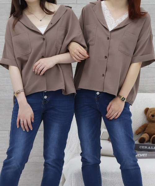 PairPair(ペアペア)の「ポケット付き開襟シャツ(シャツ/ブラウス・レディース・ブルー/アイボリー/モカ・FREE)」の1枚目の写真