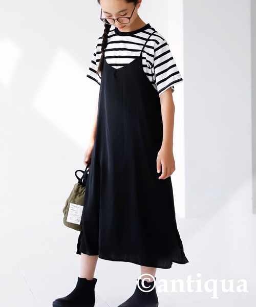 antiqua（アンティカ）の「軽やかに揺れる♪サテンキャミワンピース（ワンピース・キッズ・グリーン/ブラック/ブルー・5/3/6/4）」の2枚目の写真