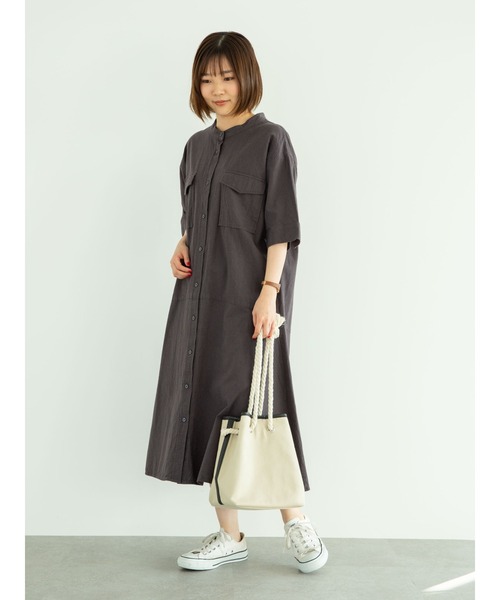 Green　Parks（グリーンパークス）の「ベルギーリネンブレンド　両ポケットワンピ＊（ワンピース・レディース・チャコールグレー/ベージュ/グリーン・FREE）」の4枚目の写真
