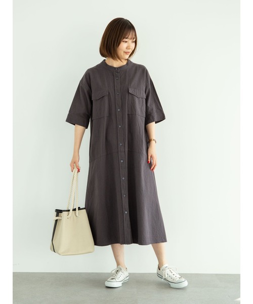 Green　Parks（グリーンパークス）の「ベルギーリネンブレンド　両ポケットワンピ＊（ワンピース・レディース・チャコールグレー/ベージュ/グリーン・FREE）」の5枚目の写真