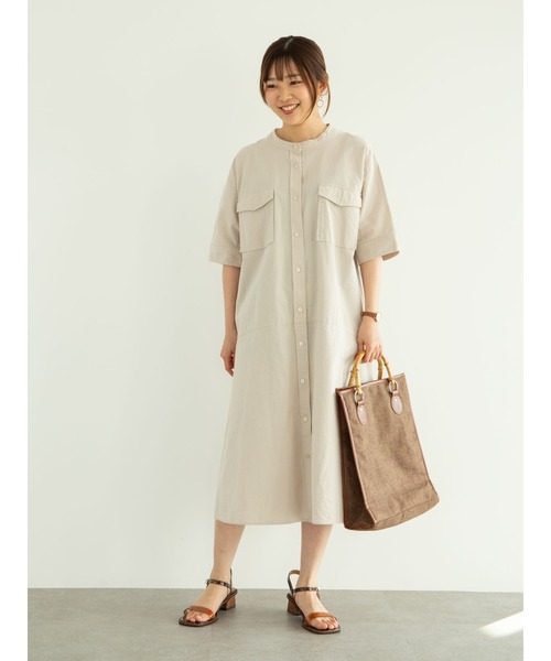 Green　Parks（グリーンパークス）の「ベルギーリネンブレンド　両ポケットワンピ＊（ワンピース・レディース・チャコールグレー/ベージュ/グリーン・FREE）」の7枚目の写真