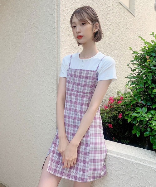 ピンクハウスのひな菊ワッペン使いギンガムチェックミディワンピース♡ titty＆Co ギンガムチェックワンピース ピンク（ひな菊ワッペン