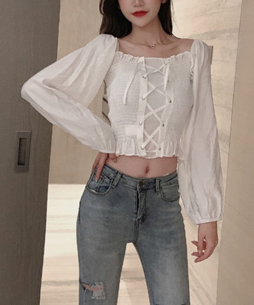 yuue' ( wear )(ユーイ)の「スクエアネック ロングスリーブシャツブラウス(シャツ/ブラウス・レディース・ホワイト/ブラック/ベビーピンク・FREE)」の1枚目の写真