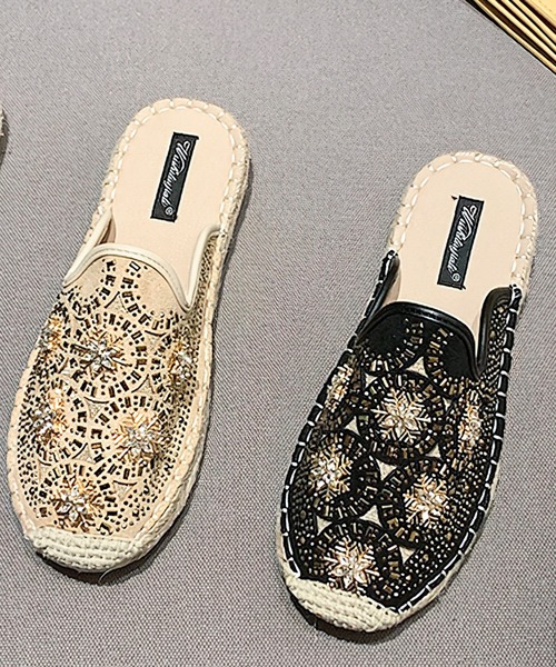 me+em select（ミームセレクト）の「ストーンビジュー刺繍ジュートフラットサンダル（サンダル・レディース・ブラック/アイボリー・24/23.5）」の11枚目の写真