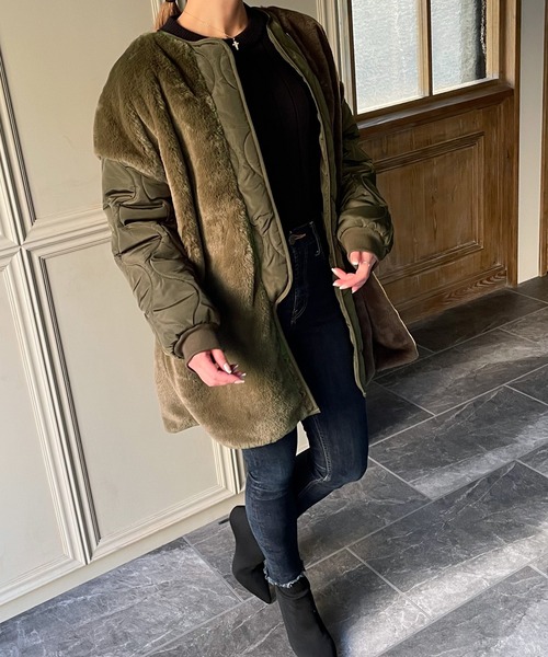 JUNOAH(ジュノア)の「ファー切替キルティングコート(その他アウター・レディース・ブラック/ダークグリーン/ブルー/アイボリー/モカ・MEDIUM/LARGE/X-LARGE)」の7枚目の写真