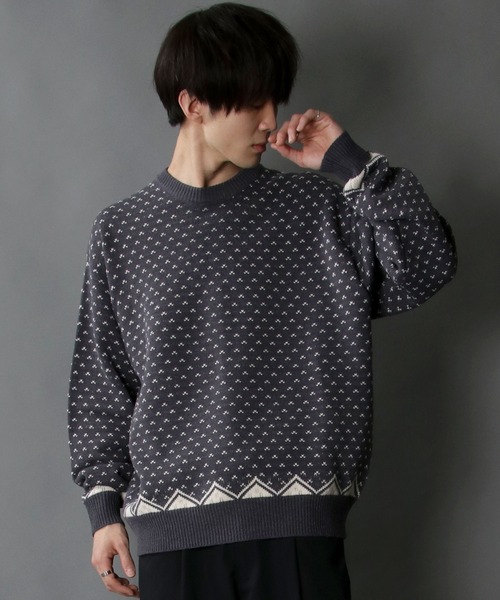 SITRY(シトリー)の「Bird's eye Jacquard Crew neck sweater/バーズアイ柄 ジャガード クルーネック ニット(ニット/セーター・メンズ・ベージュ/チャコールグレー/グリーン・M/L/XL)」の11枚目の写真