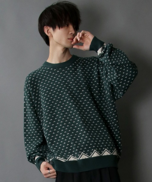 SITRY(シトリー)の「Bird's eye Jacquard Crew neck sweater/バーズアイ柄 ジャガード クルーネック ニット(ニット/セーター・メンズ・ベージュ/チャコールグレー/グリーン・M/L/XL)」の14枚目の写真